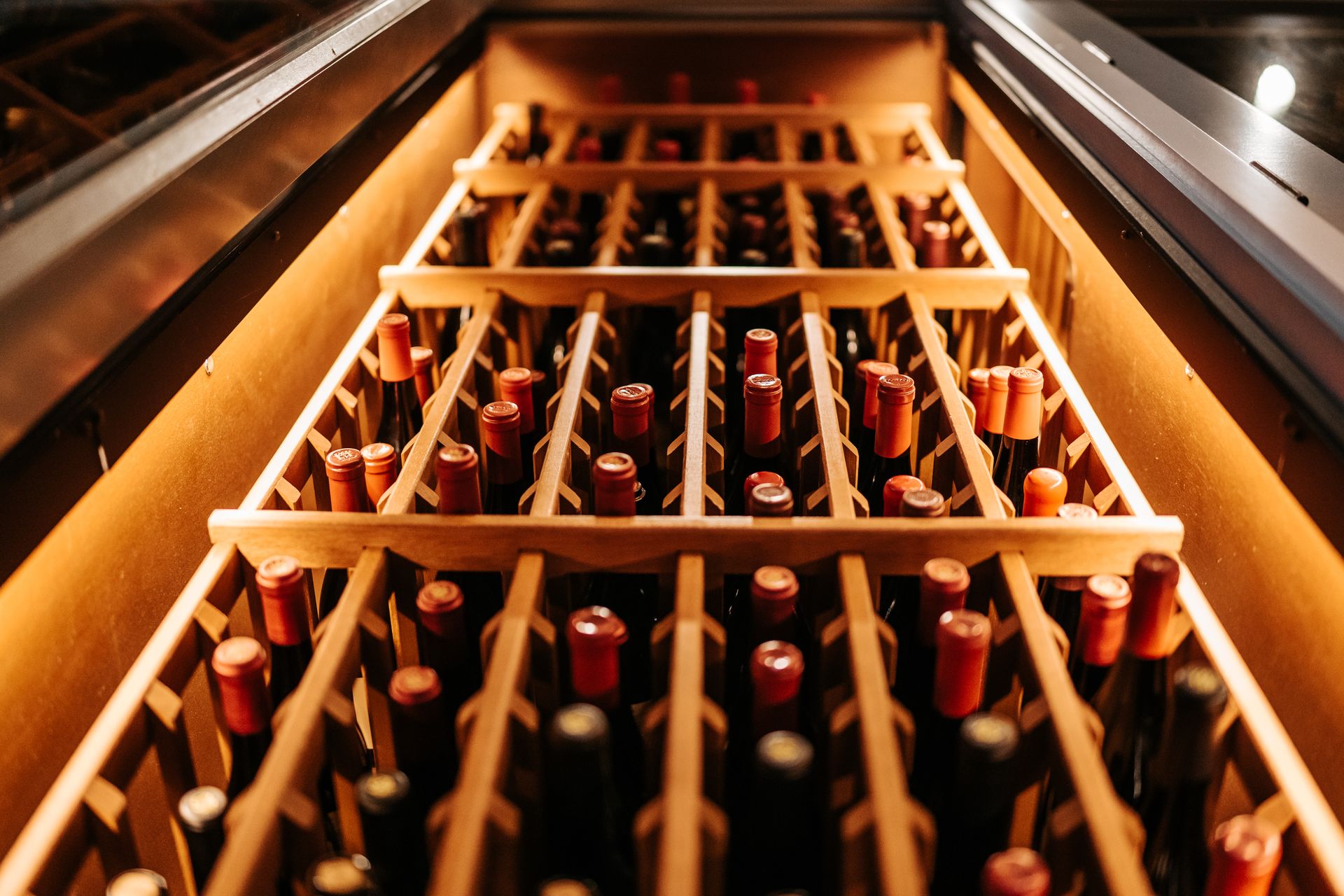 Botellero de madera iluminado con botellas de vino tinto tumbadas en una vinoteca, comprar vino de Rioja en Haro