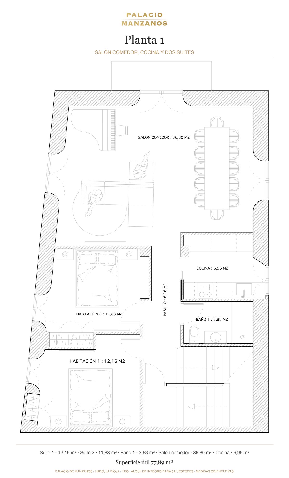 Plano de la planta 1 del Palacio de Manzanos, Haro: salón comedor, cocina y dos suites