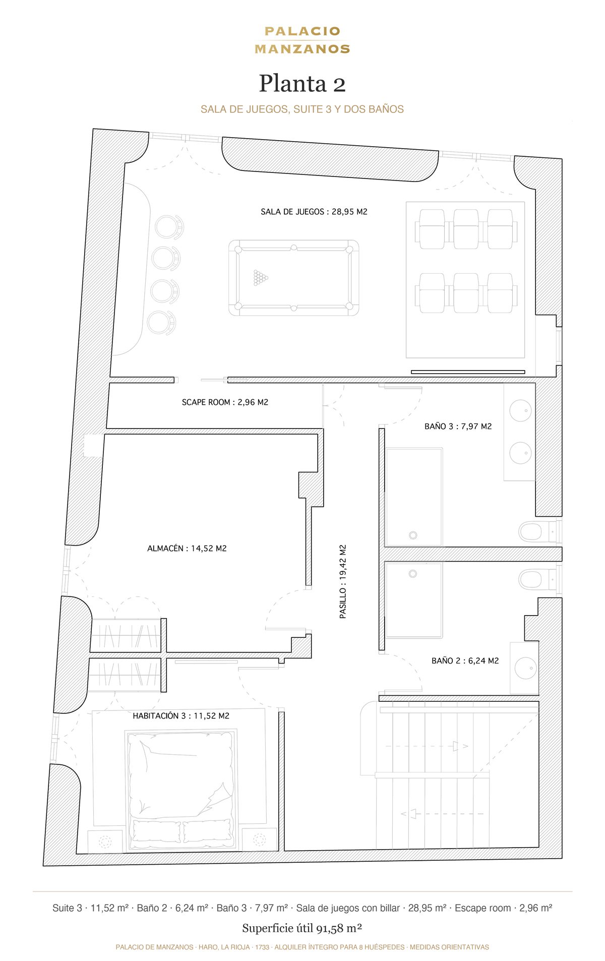 Plano de la planta 2 del Palacio de Manzanos, Haro: sala de juegos, suite 3 y dos baños