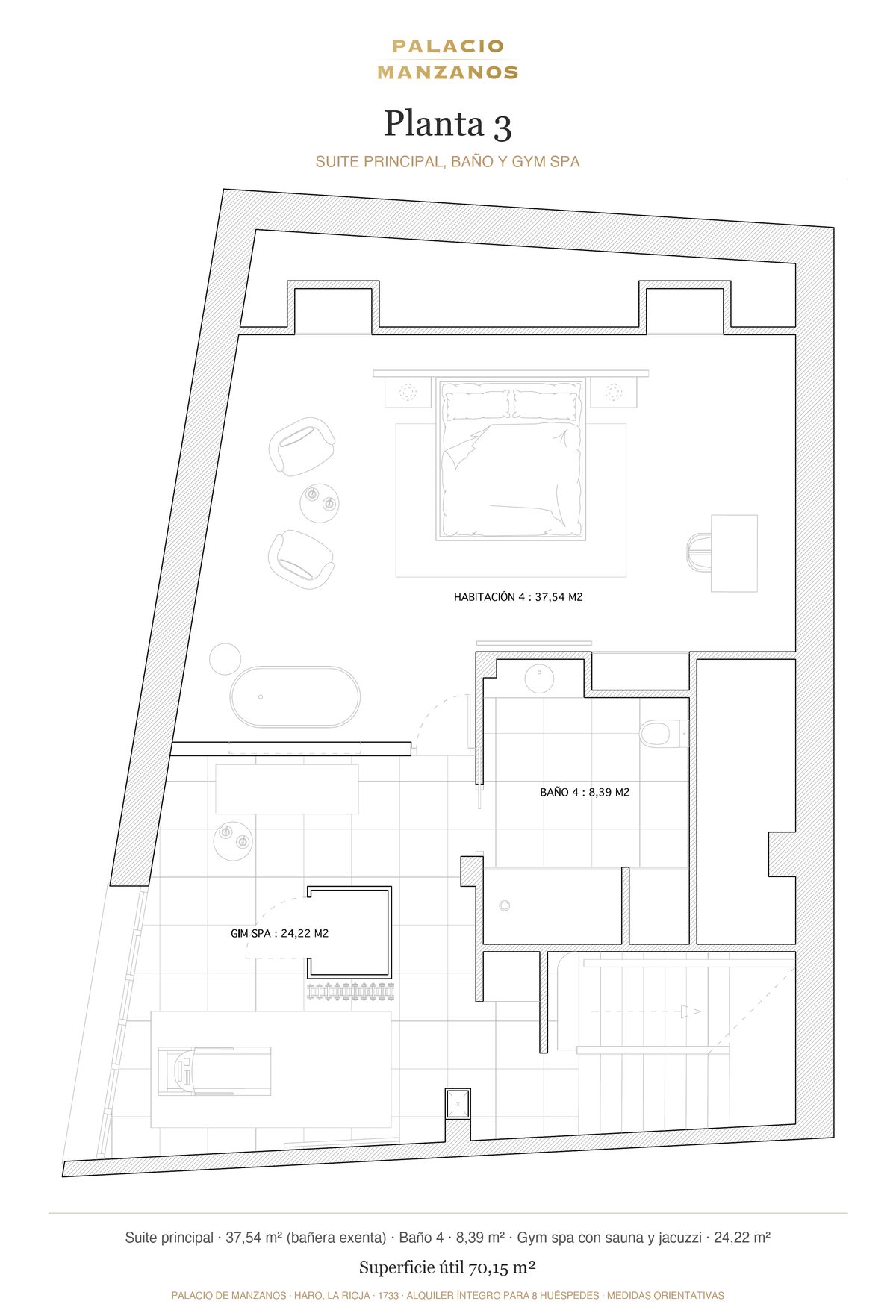 Plano de la planta 3 del Palacio de Manzanos, Haro: suite principal, baño y gym spa